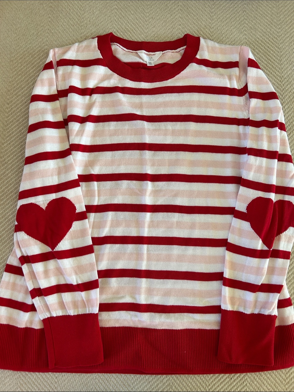 Time and Tru Red and White Striped Heart Elbow-Patch Sweater